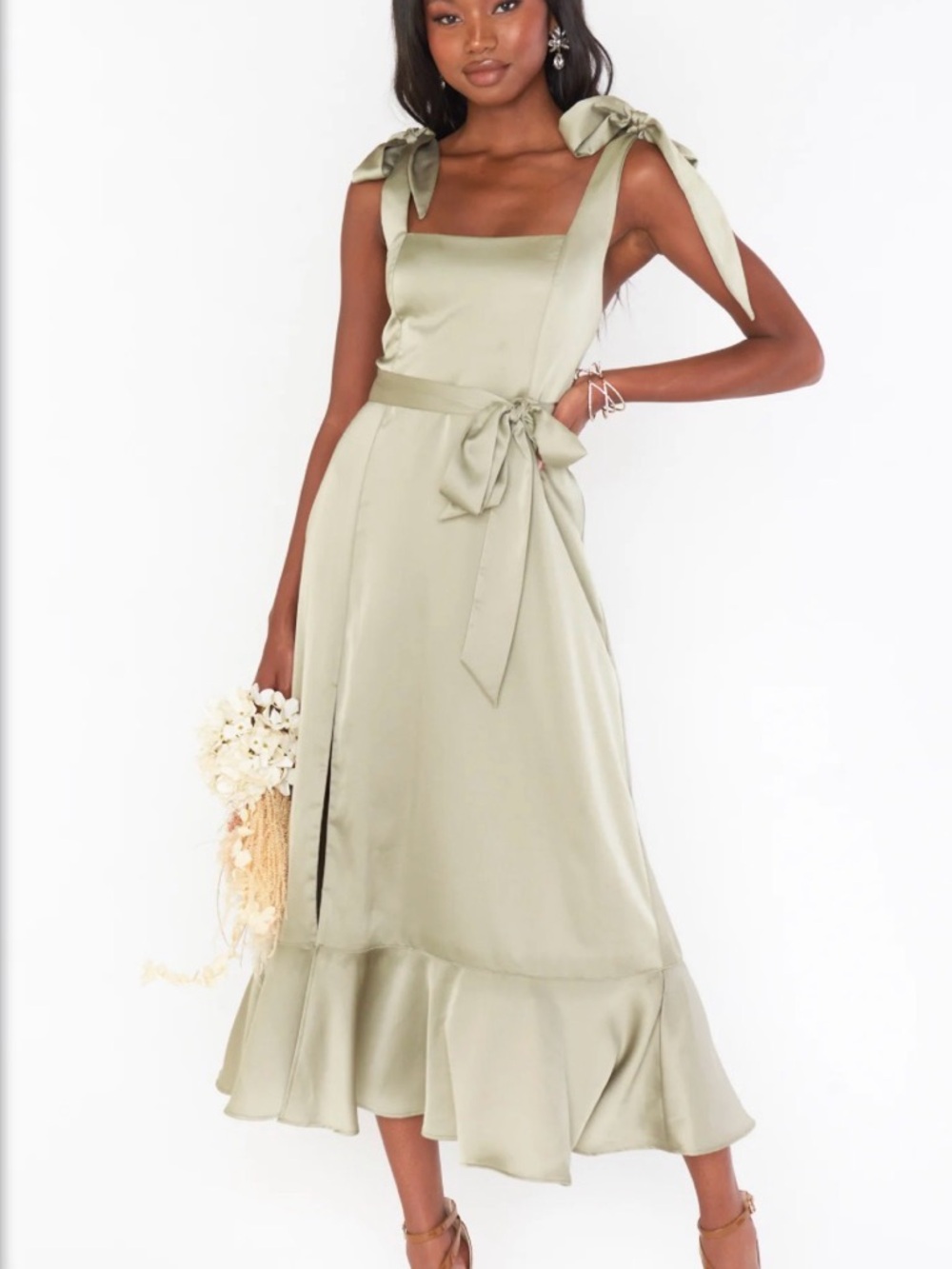 Show Me Your MuMu Sage Tie-Shoulder Satin Midi Dress